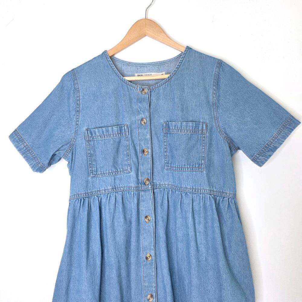 ASOS Maternity Blue Denim Button Down Smock Babydoll Mini Dress 8 MAMA Utility - Picture 3 of 9